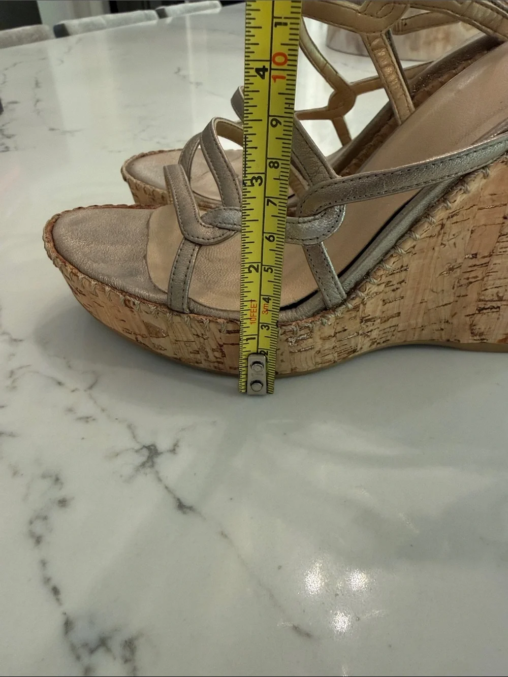 Stuart Weitzman Neutral Metallic Strappy Cork Wedge Sandals - size 7.5 - Picture 4 of 7